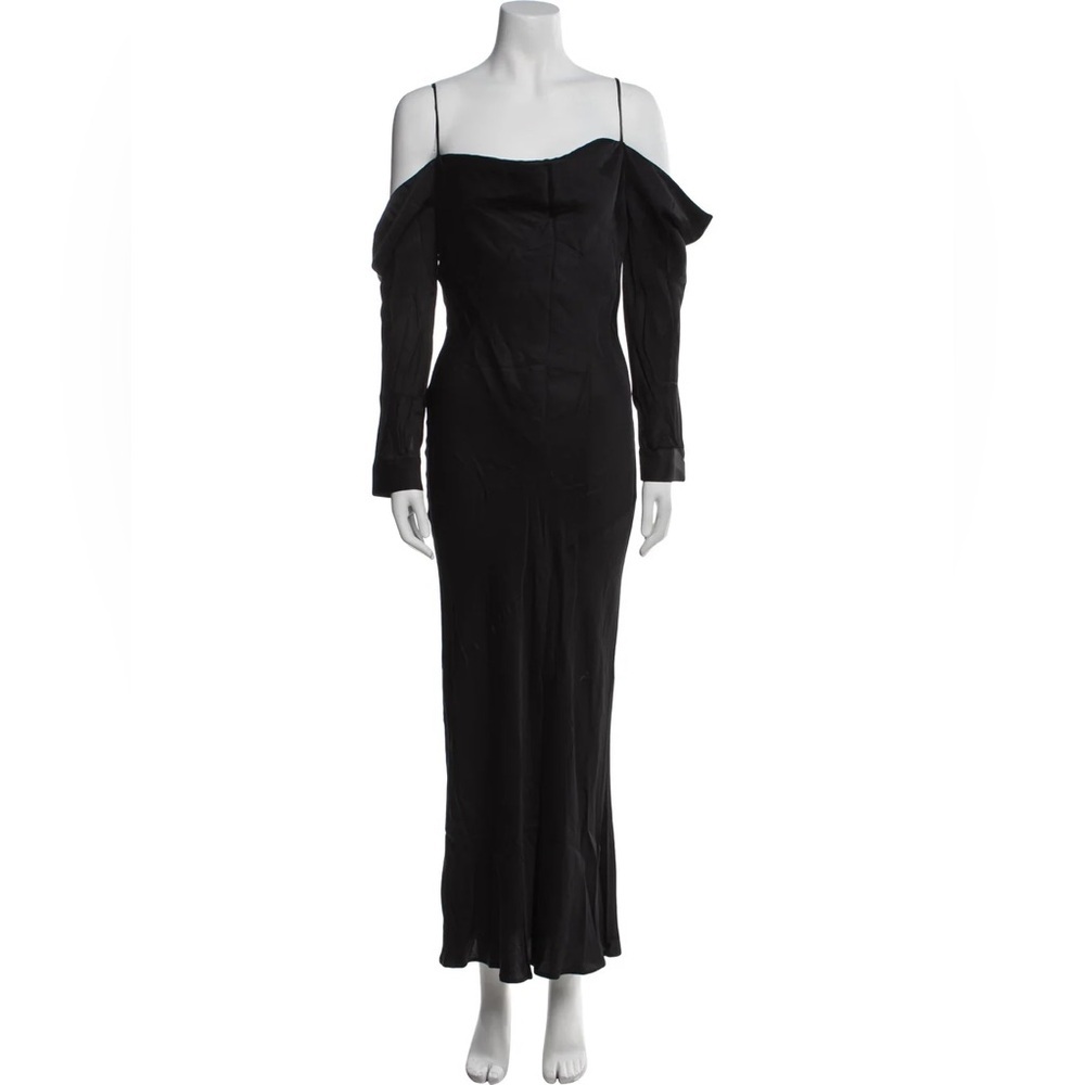 L'Agence "Juniper" Black Cold Shoulder Satin Maxi Dress Gown - US 0 / XS - Picture 6 of 8
